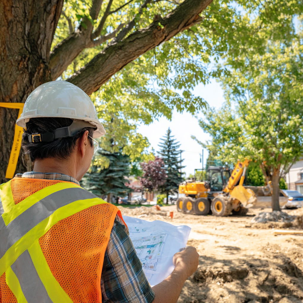 Arborist reviewing site plans and tagging trees at a Jefferson Richmond Hill residential construction project