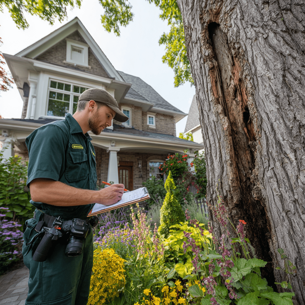Arborist photographing and assessing trunk decay on a large tree in Bayview Hill Richmond Hill