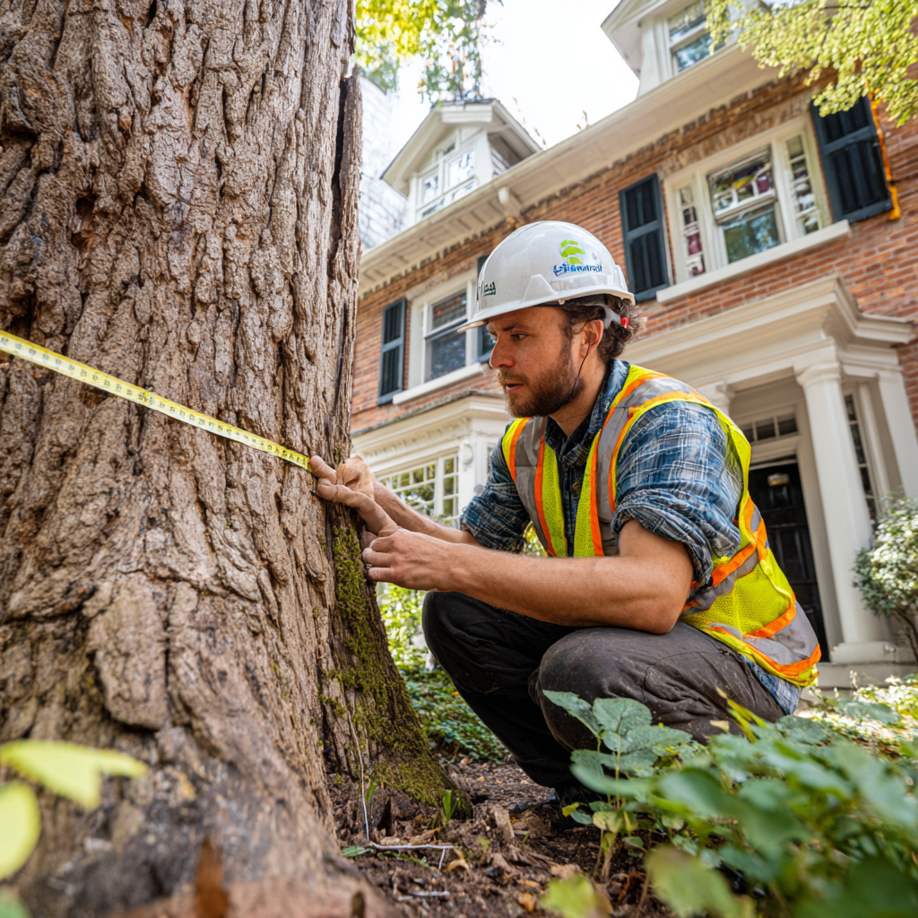 Arborist measuring a tree in a Richmond Hill backyard as part of the By-law 41-07 permit application process