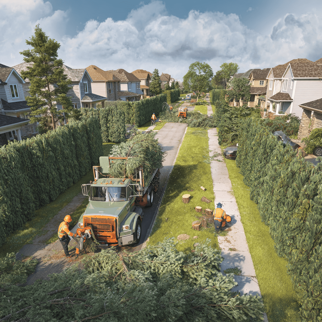 Full overgrown cedar hedge removal in progress at a Langstaff Richmond Hill residential property