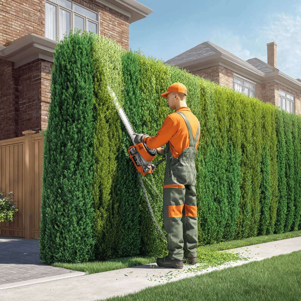 Hedge trimming crew maintaining a well-kept cedar privacy hedge on a Rouge Woods Richmond Hill property