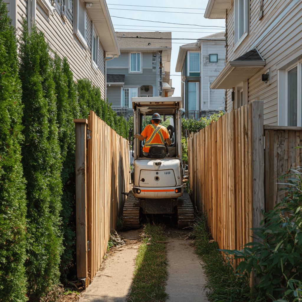 Compact tracked stump grinder being guided through a narrow gate in a Langstaff Richmond Hill backyard