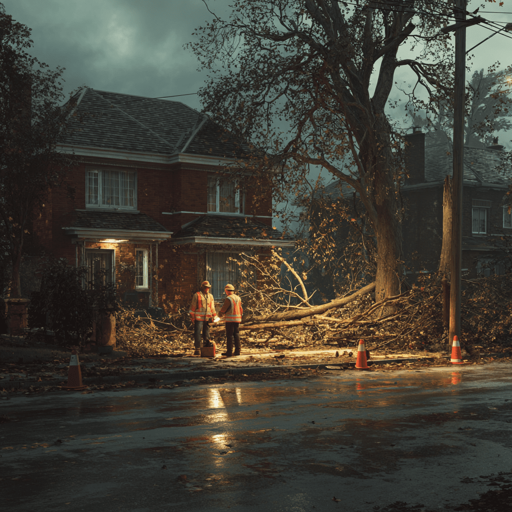 Emergency tree crew cutting a large storm-fallen tree across a Richmond Hill driveway at dawn