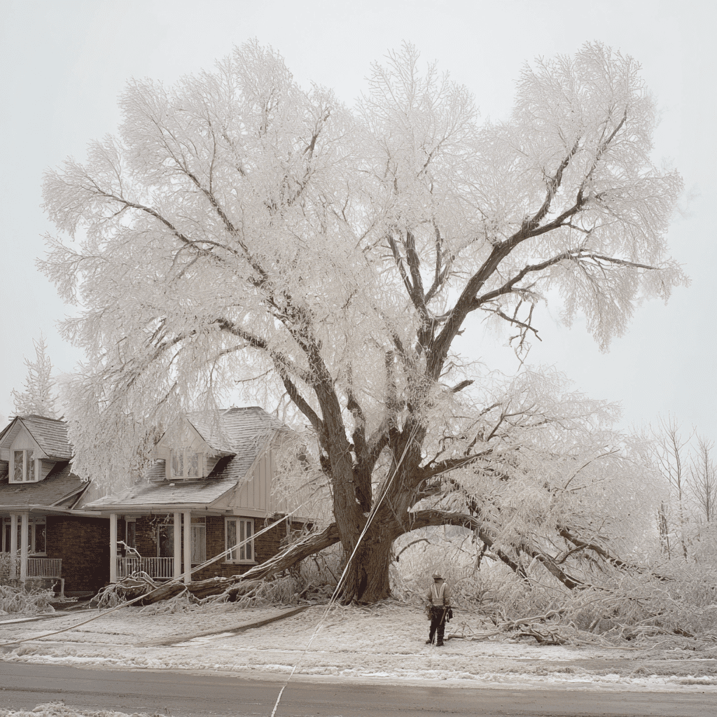 Ice-coated split tree with heavy ice-laden branches in an Oak Ridges Richmond Hill yard after a winter storm