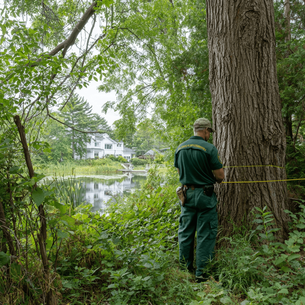 Arborist assessing a large mature tree at a Lake Wilcox Richmond Hill property near the water
