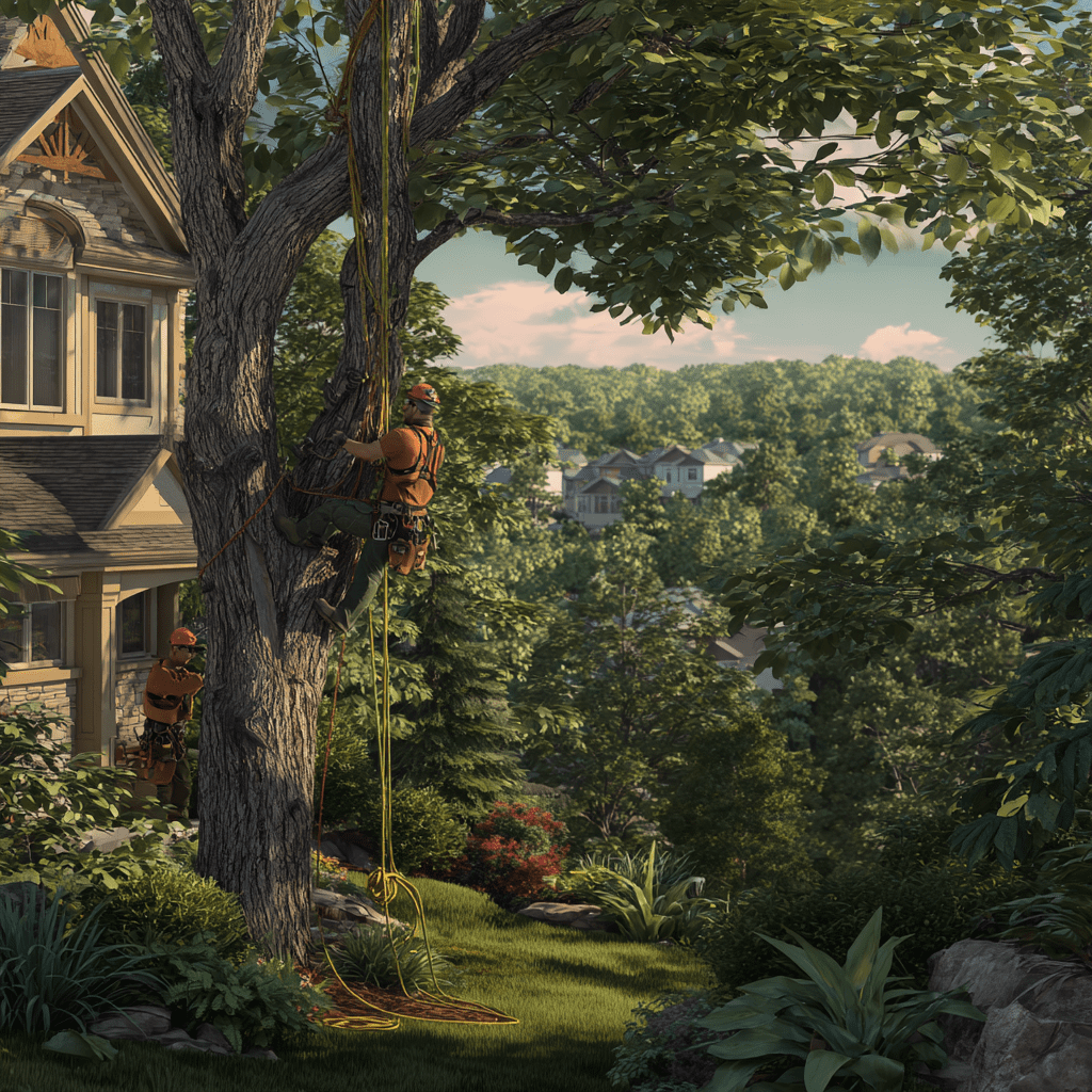 Tree service crew working at a property backing onto the Oak Ridges Moraine forest corridor in Richmond Hill