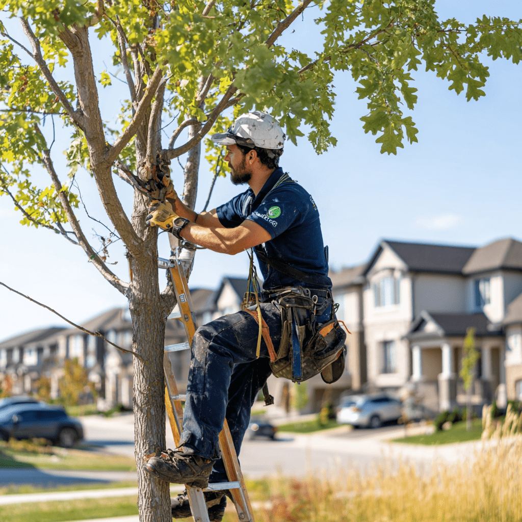 Arborist performing structural pruning on a young oak in a Richmond Hill Oak Ridges subdivision yard