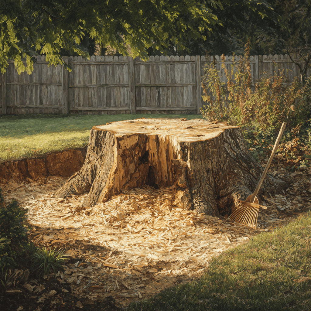 Freshly ground maple stump below grade in a Mill Pond Richmond Hill yard ready for lawn restoration