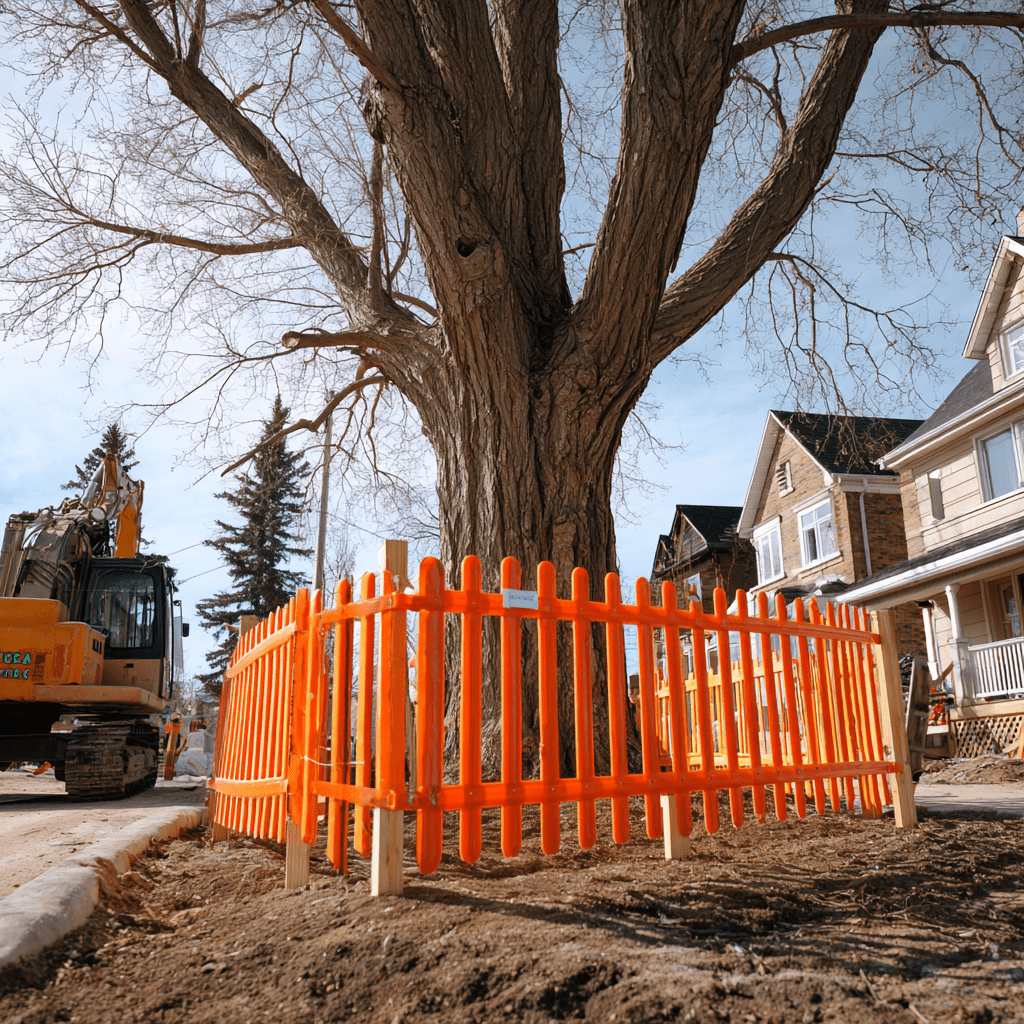 Orange snow fence tree protection zone around a large tree at a Jefferson Richmond Hill construction site