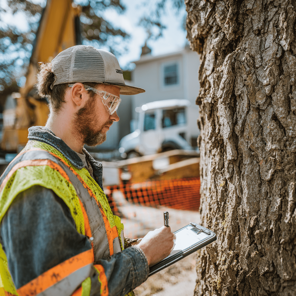 Arborist conducting a monitoring inspection of tree protection fencing at a Westbrook Richmond Hill build site
