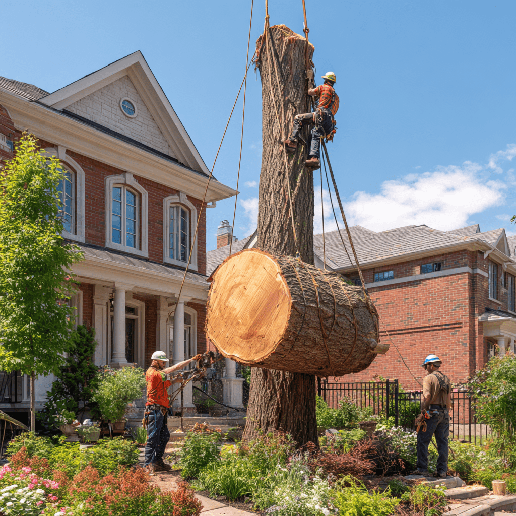 Tree removal crew lowering a cut section from a silver maple in a Bayview Hill Richmond Hill backyard