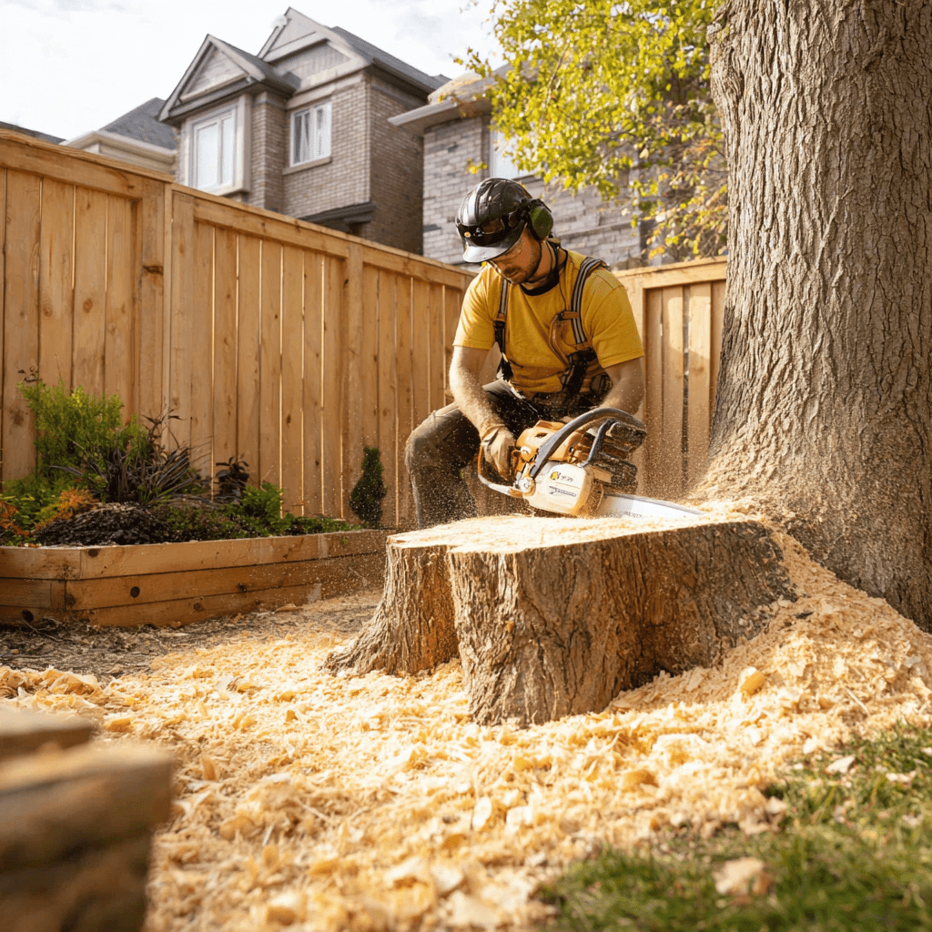 Arborist making a clean stump cut after removing a large Norway maple in a Westbrook Richmond Hill yard
