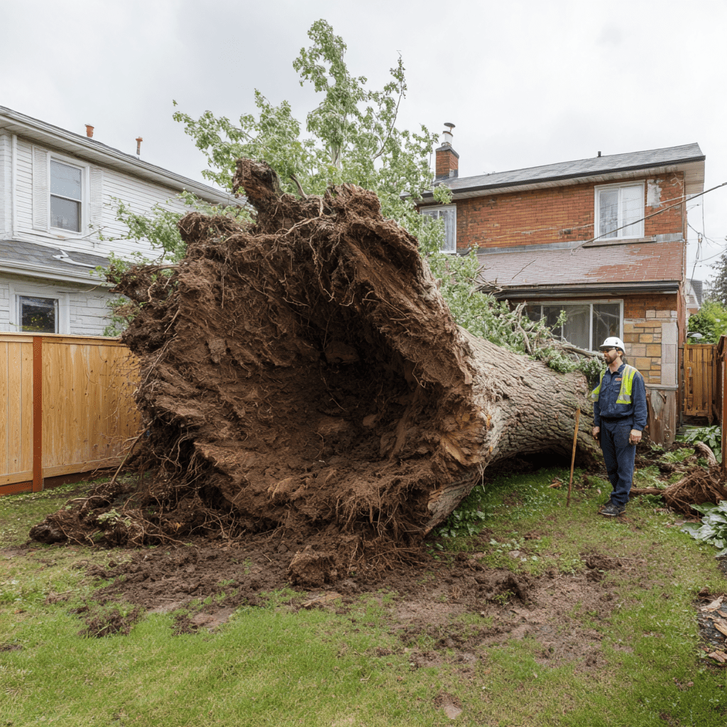 Fully uprooted large tree showing exposed root ball after windstorm on a Richmond Hill property