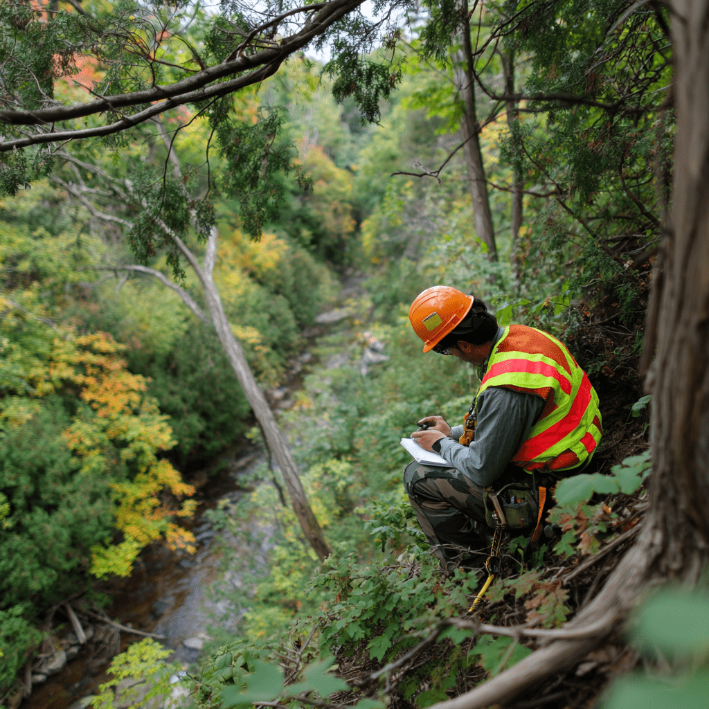 ISA arborist assessing regulated trees in a TRCA-regulated Scarborough ravine area for a permit submission