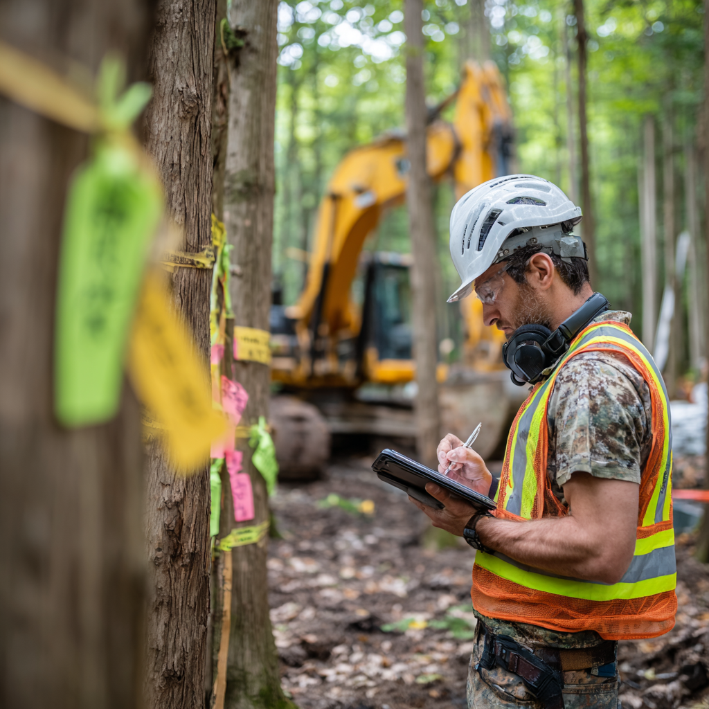 Arborist tagging and inventorying trees at a Scarborough development site for a Tree Preservation Plan