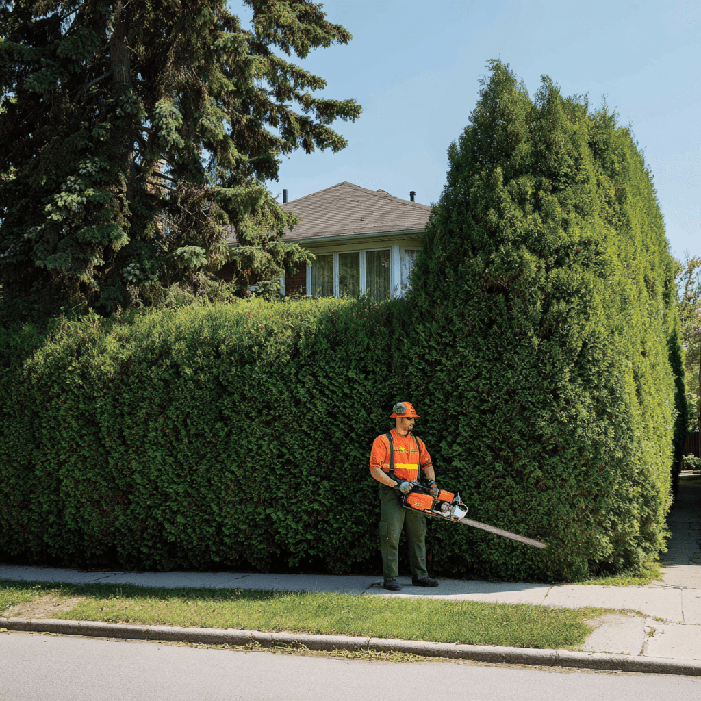Cedar hedge being professionally shaped on a West Hill Scarborough residential lot showing clean cut lines