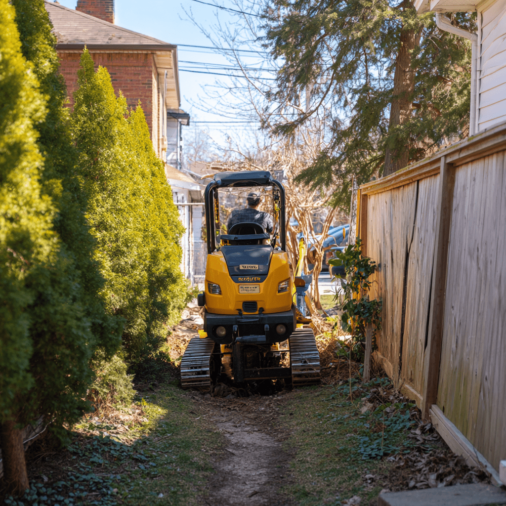 Compact tracked stump grinder being navigated through a narrow side-yard gate in Agincourt Scarborough