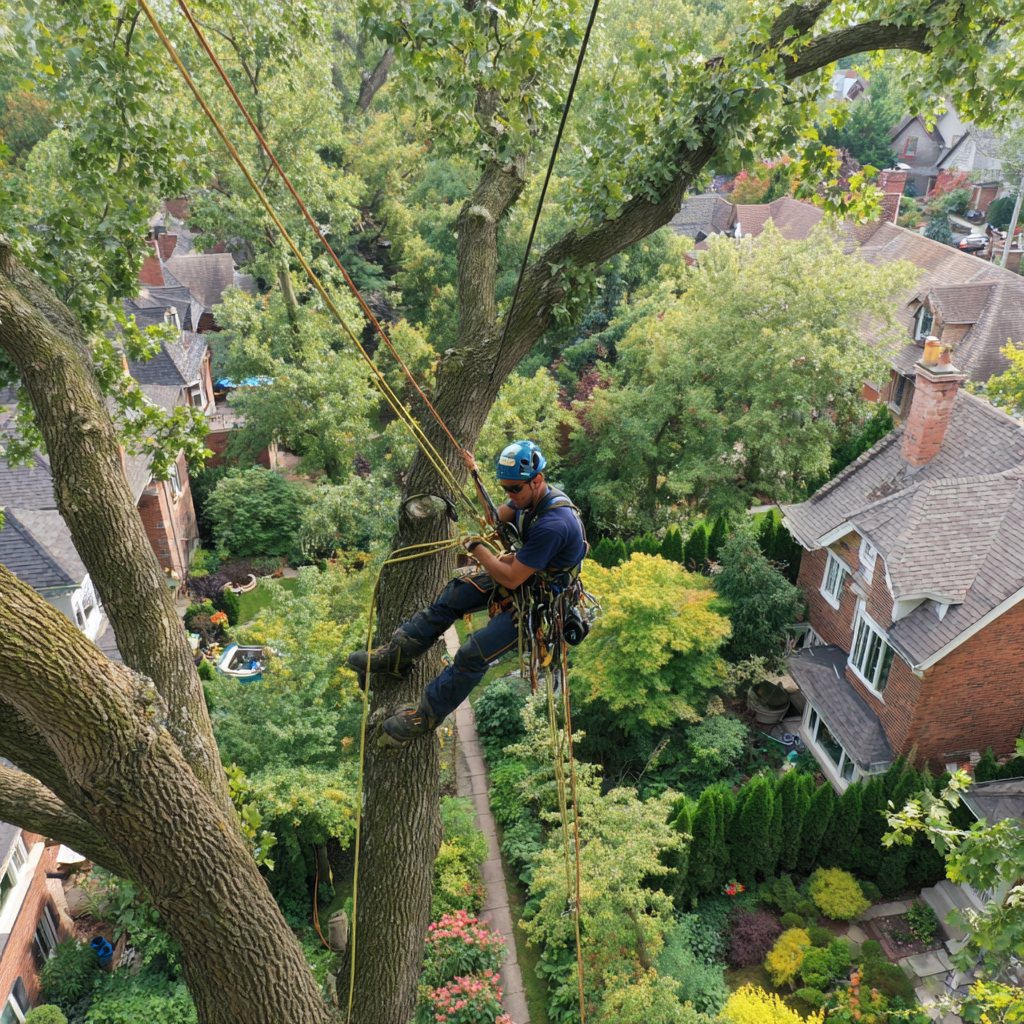 Arborist performing crown thinning on a large silver maple in a Birchcliff Scarborough residential yard