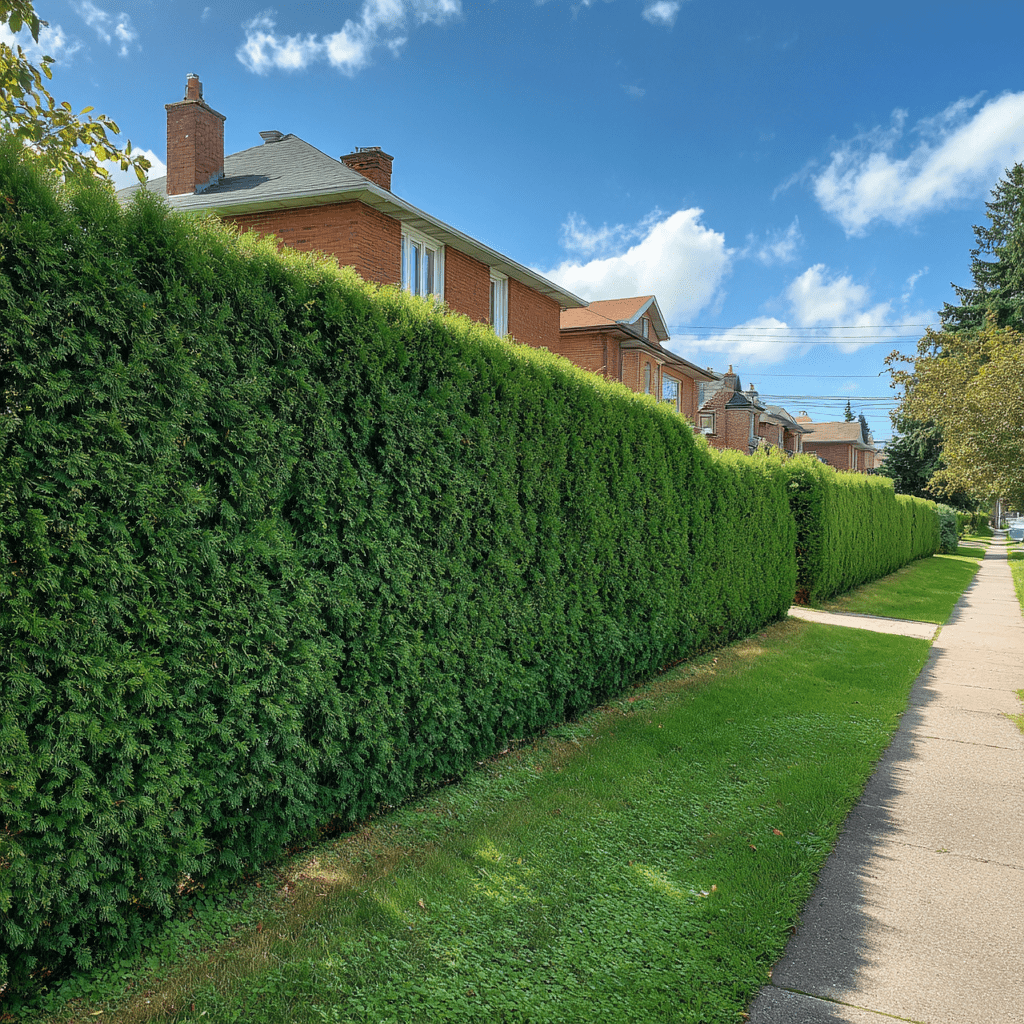 Freshly trimmed cedar hedge showing a perfectly straight top line in a Cliffside Scarborough residential yard