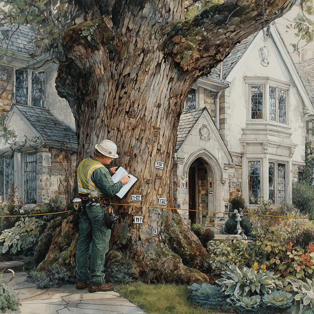 Arborist tagging and measuring heritage-scale trees before construction on a Guildwood Scarborough property