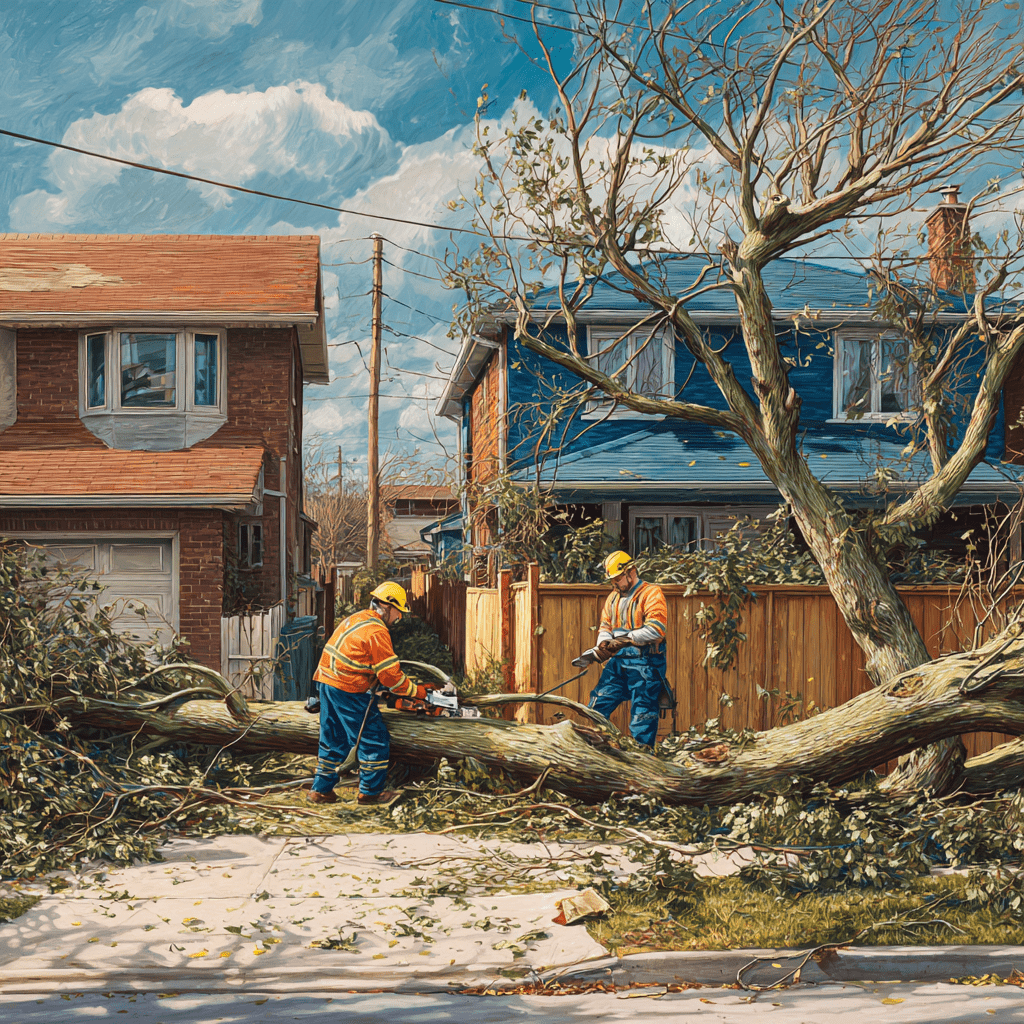 Emergency tree crew removing a storm-fallen tree crushing a backyard fence in Agincourt Scarborough