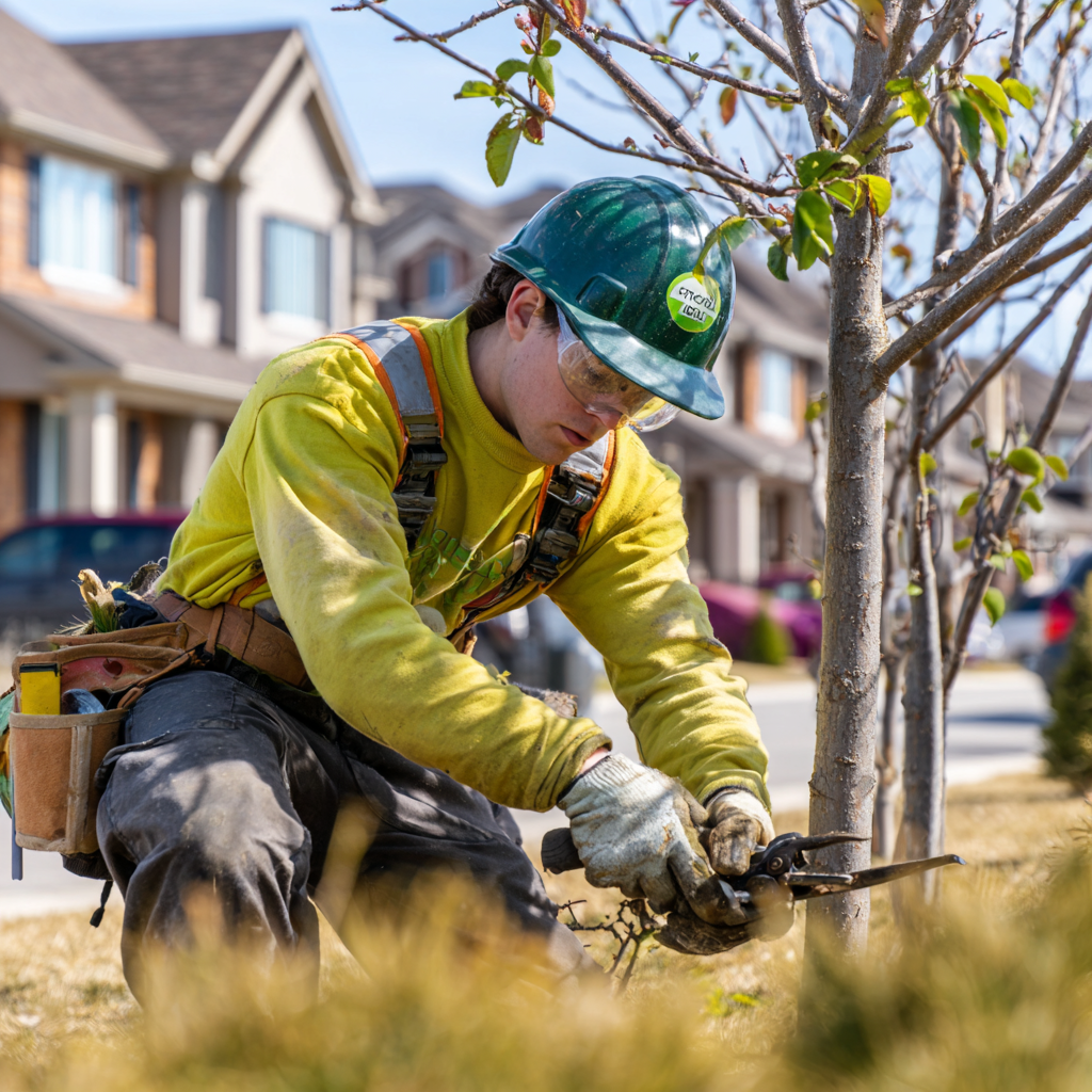 Arborist performing structural pruning on a young ornamental tree in a Malvern Scarborough subdivision yard