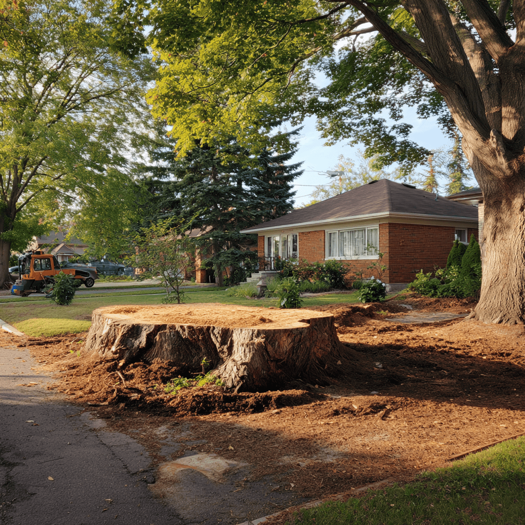 Freshly ground large stump below grade in a Scarborough Village yard ready for new sod