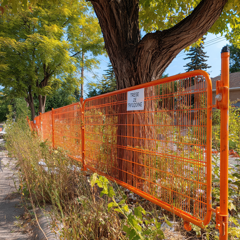 Orange tree protection zone fencing installed around mature trees at a Highland Creek area Scarborough construction site