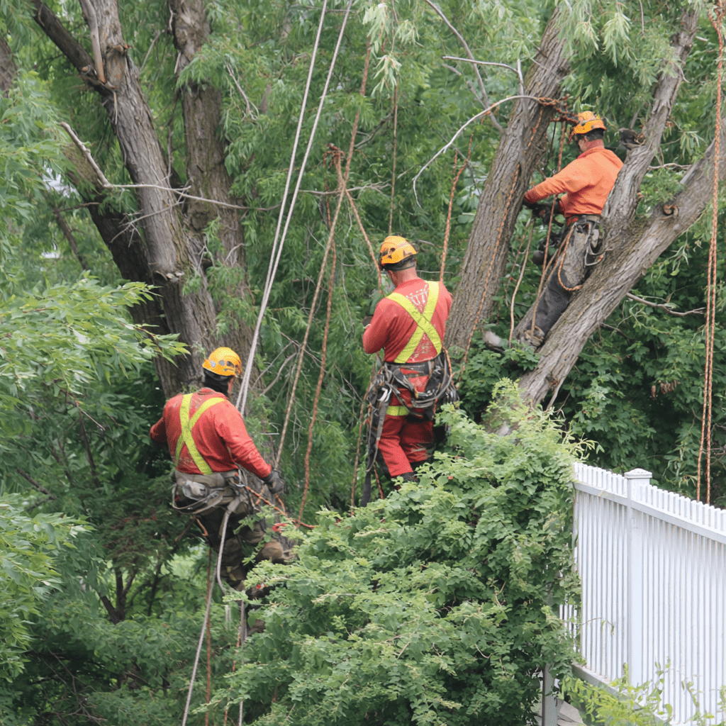 Tree removal crew working on a large storm-damaged silver maple near the Highland Creek ravine in Scarborough