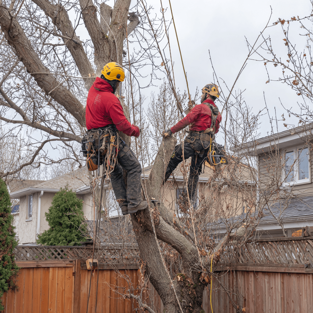 Tree removal crew removing a dead Norway maple from a narrow Agincourt Scarborough backyard