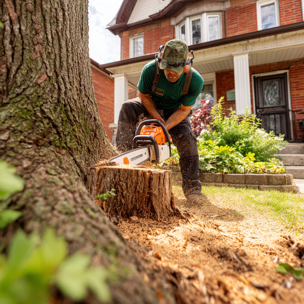Arborist making a clean flush stump cut after removing a large oak in a Cliffcrest Scarborough yard