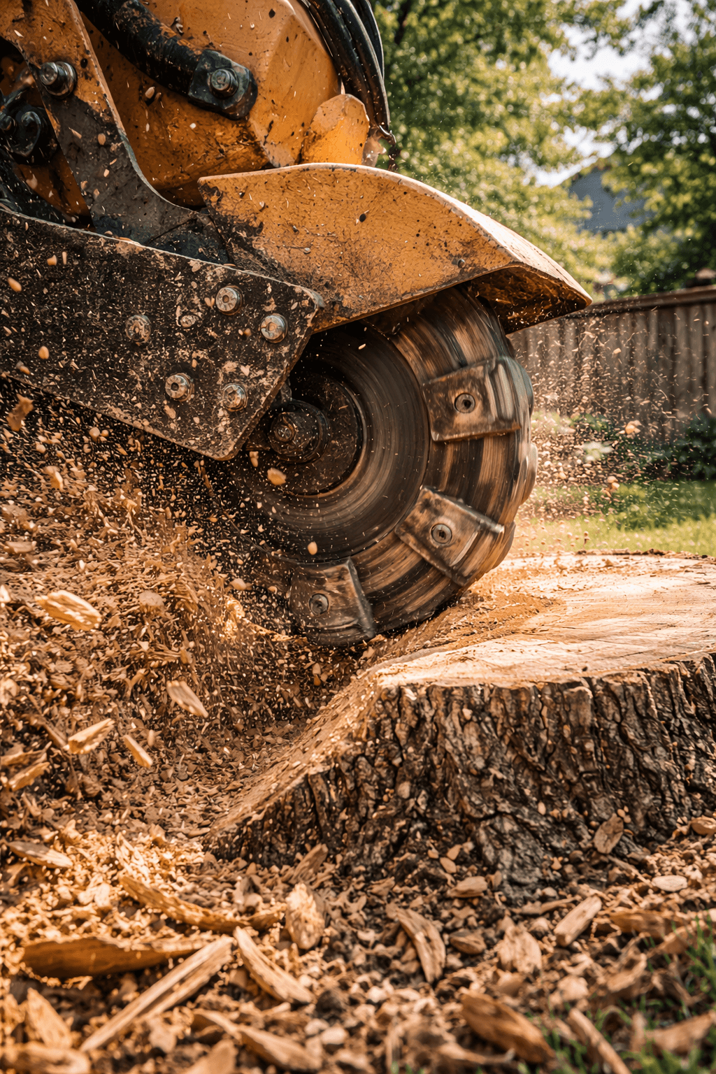 Stump grinder working on a large tree stump in an Ajax Ontario backyard