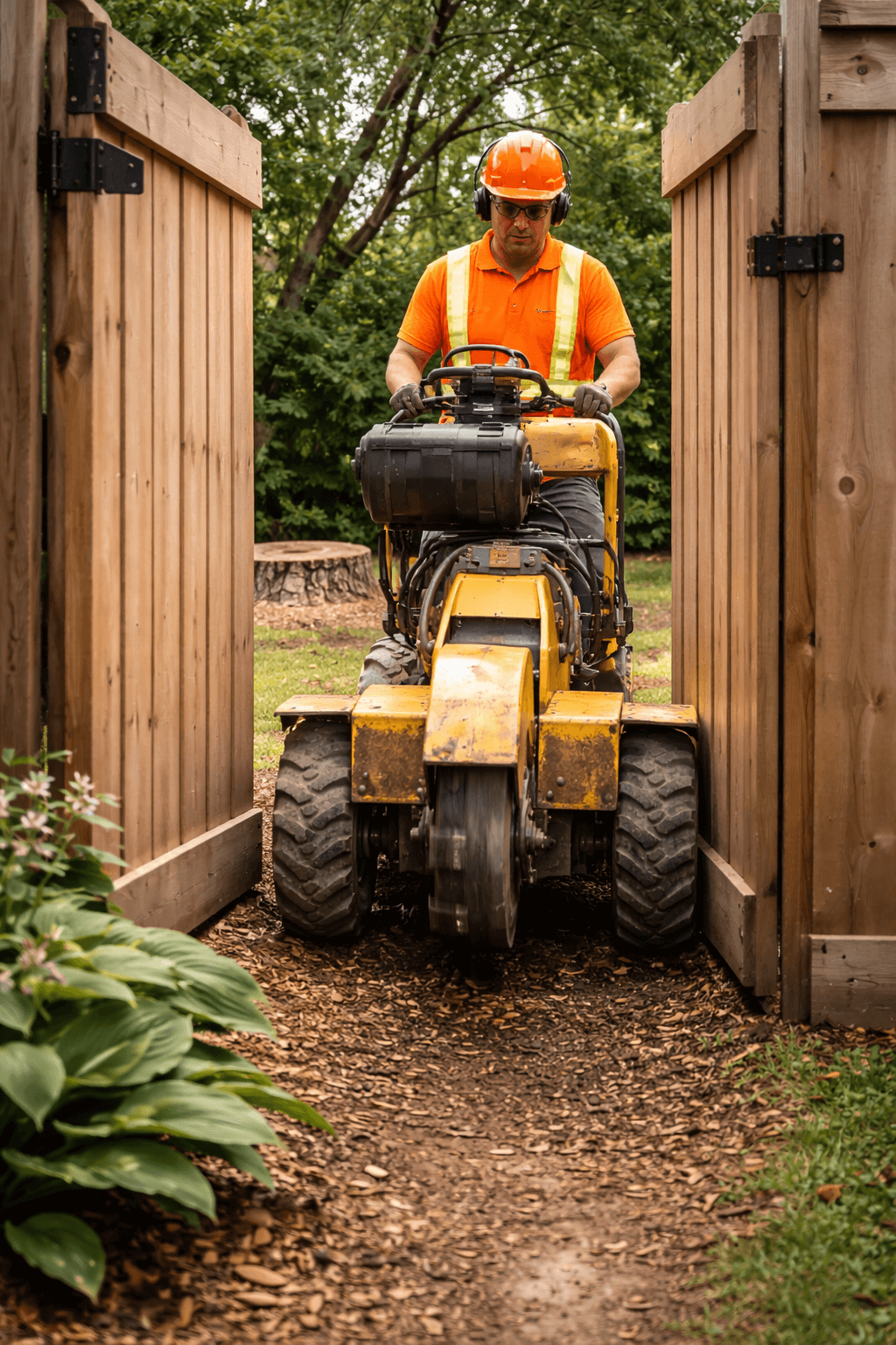 Compact stump grinding equipment being used in a gated Mississauga backyard with limited access