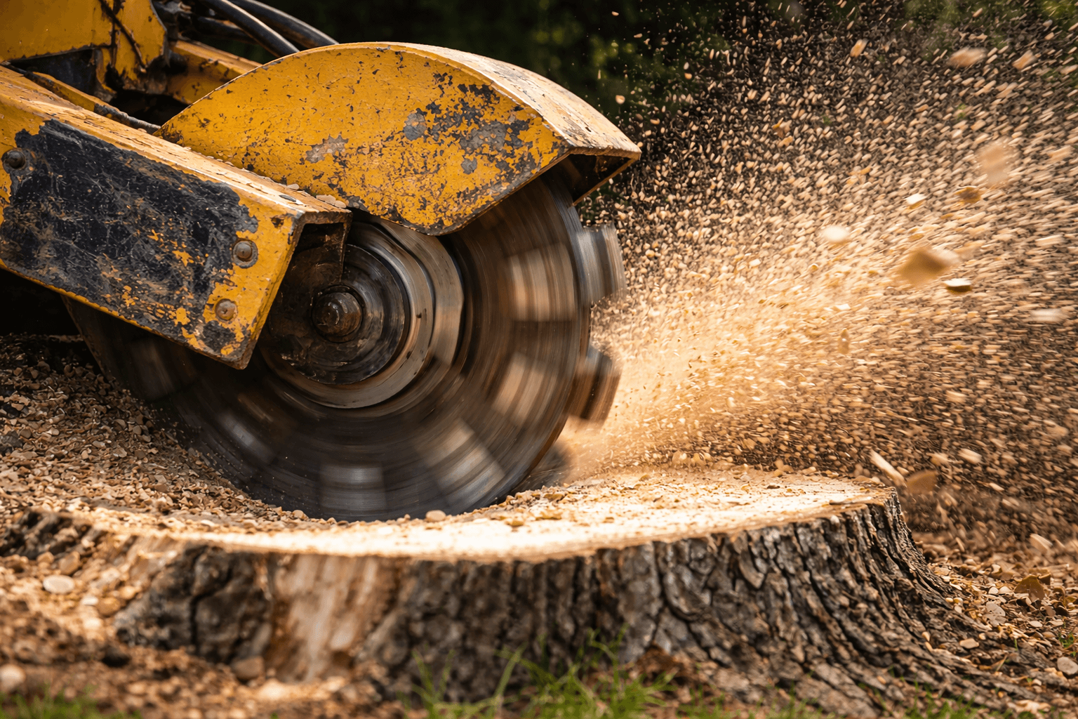 Professional stump grinder removing a large maple stump in a Mississauga residential backyard