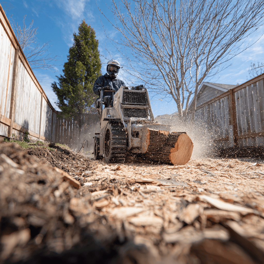 Track-mounted stump grinder in operation on a large hardwood stump in a fenced Brock Ridge Pickering Ontario backyard