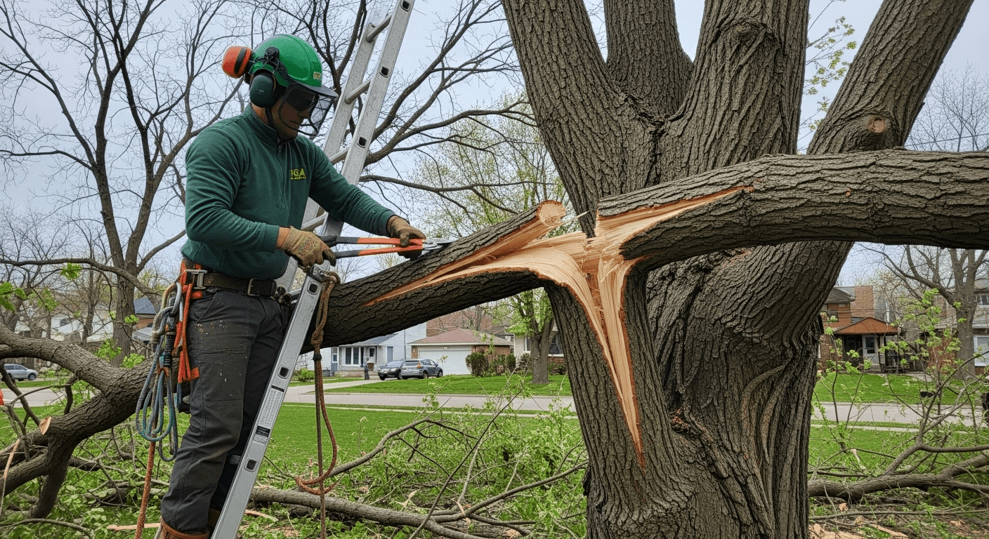 ISA certified arborist using a ladder to prune broken storm-damaged branches from a tree at a Toronto residential property