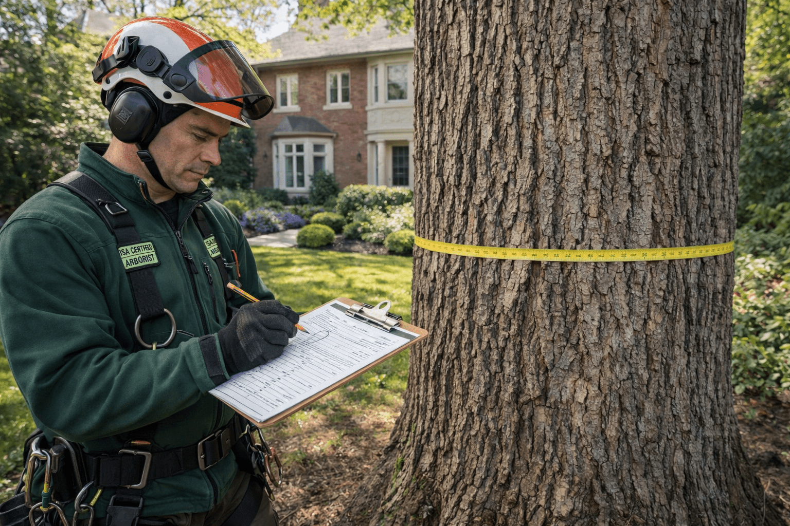 ISA certified arborist completing a tree assessment form on a clipboard at a Toronto residential property for an arborist report
