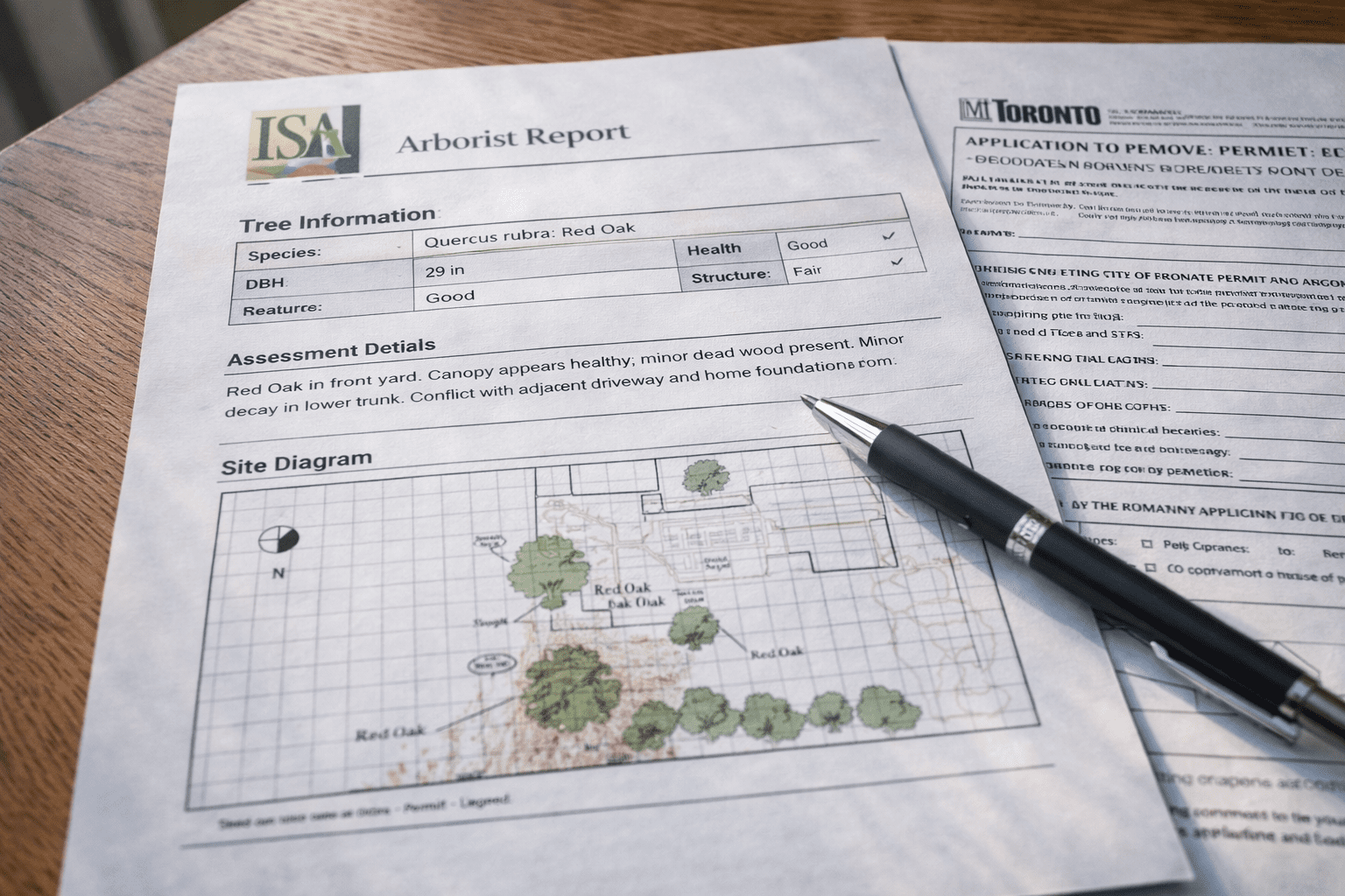 Close-up of a completed ISA arborist report document on a desk alongside a Toronto tree permit application form