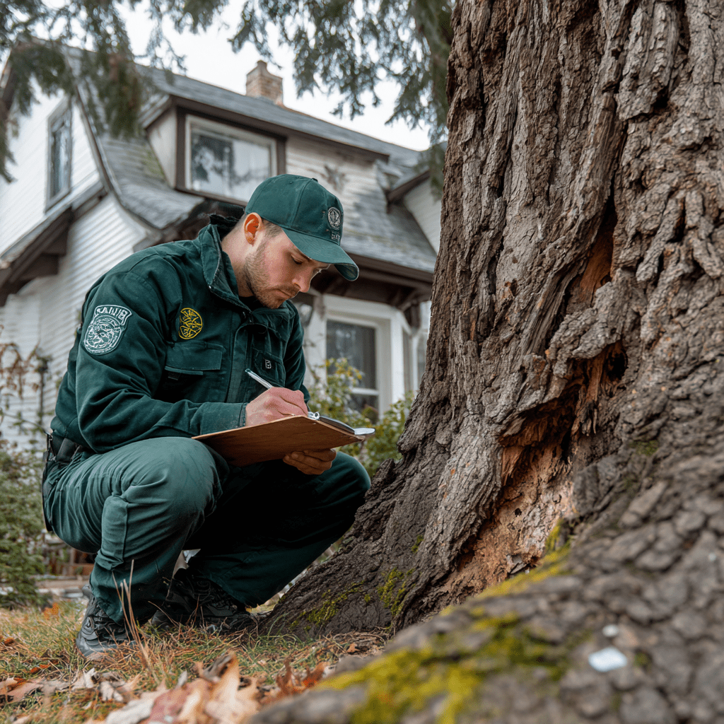 Independent arborist documenting the condition of a dead or hazardous tree at a Toronto residential property before removal