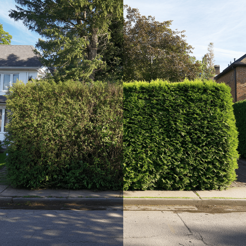 Before and after view of a cedar hedge at a South Richvale Toronto property showing the overgrown untrimmed hedge on left and the cleanly shaped result on right