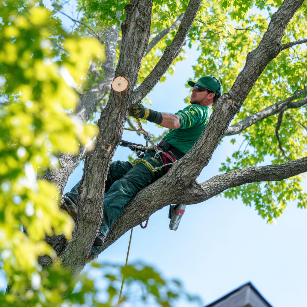 Independent arborist performing proper crown reduction cuts at a Toronto residential tree compared with the damage caused by topping
