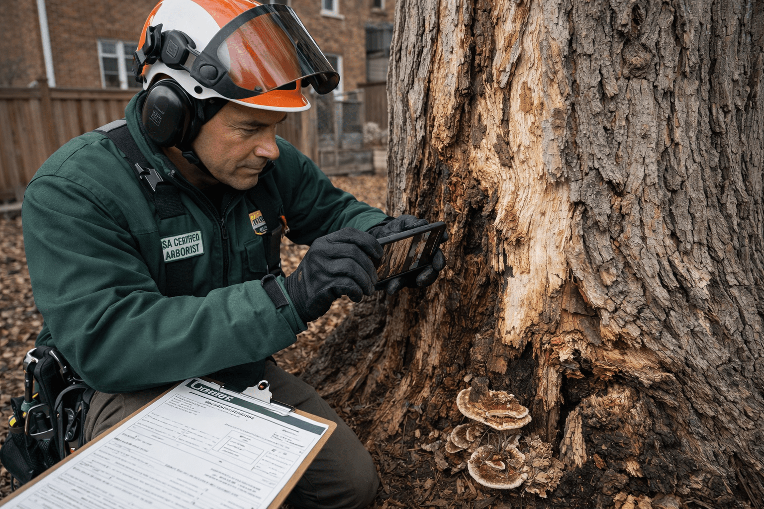 ISA certified arborist documenting a dead tree for a Toronto tree removal permit application, recording DBH and decay signs