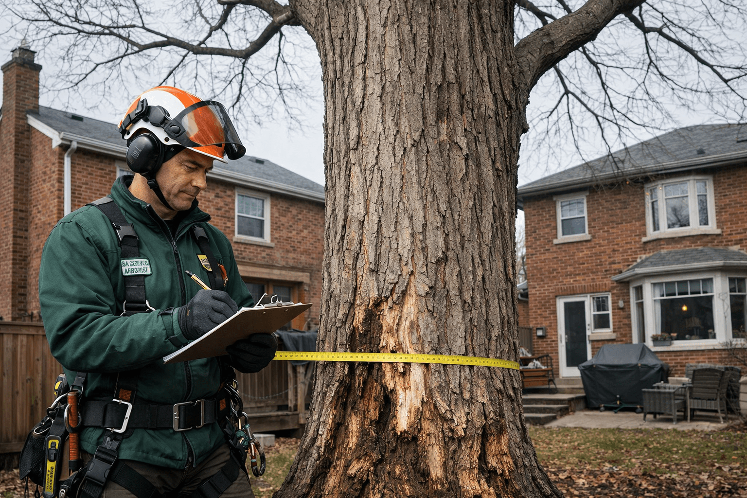 ISA certified arborist assessing a dead standing tree on a Toronto residential property for a Chapter 813 permit application