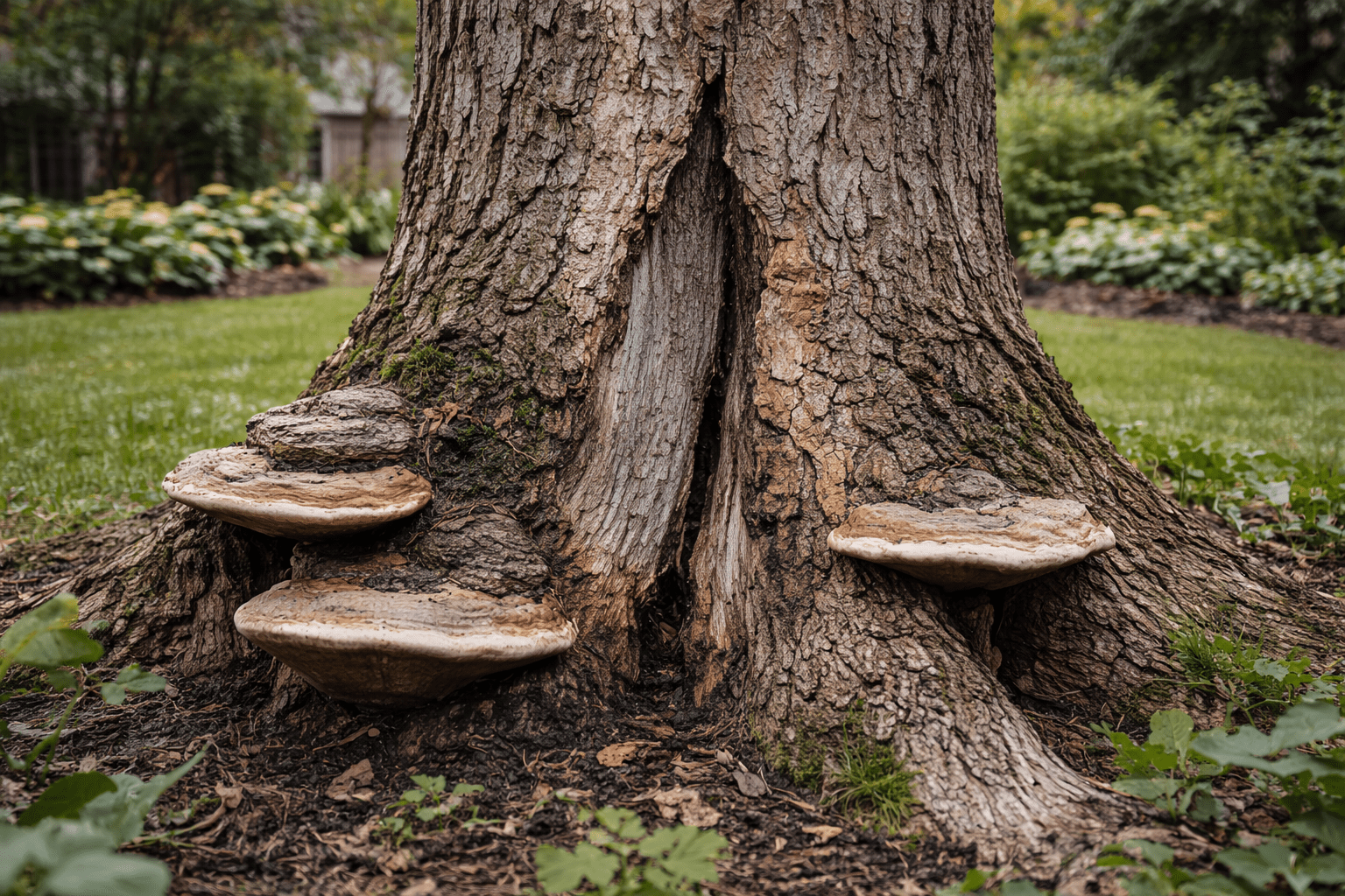 Close-up of fungal bracket growth and bark decay at the base of a dying tree in a Toronto residential yard