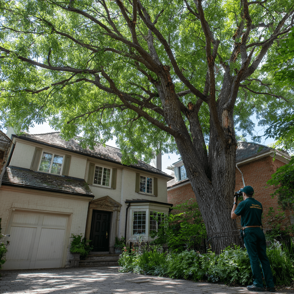 Ash tree with emerald ash borer damage showing crown dieback at a Toronto residential property