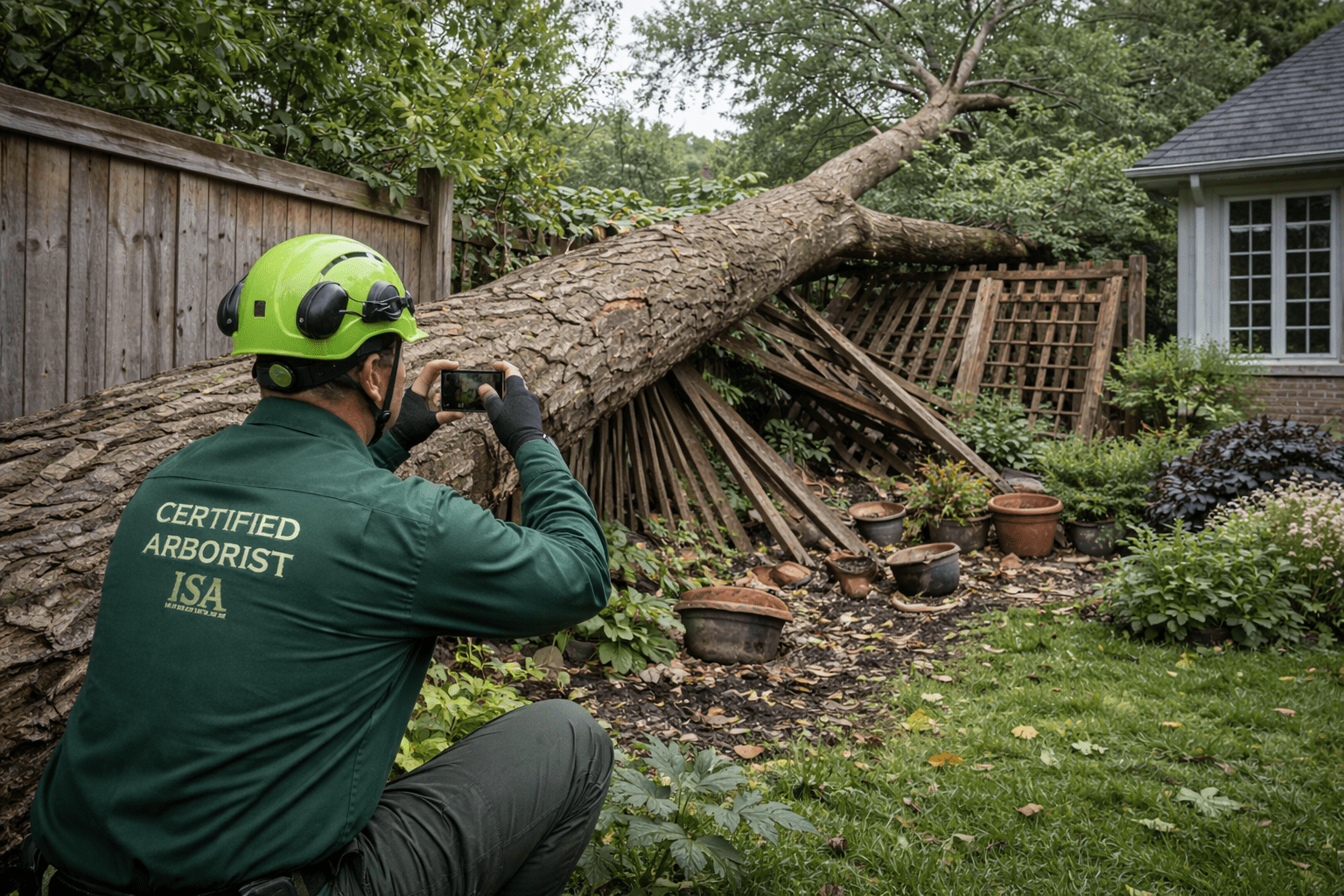 Arborist in green uniform documenting a storm-fallen tree that has damaged a fence and garden at a Toronto residential property for an insurance claim