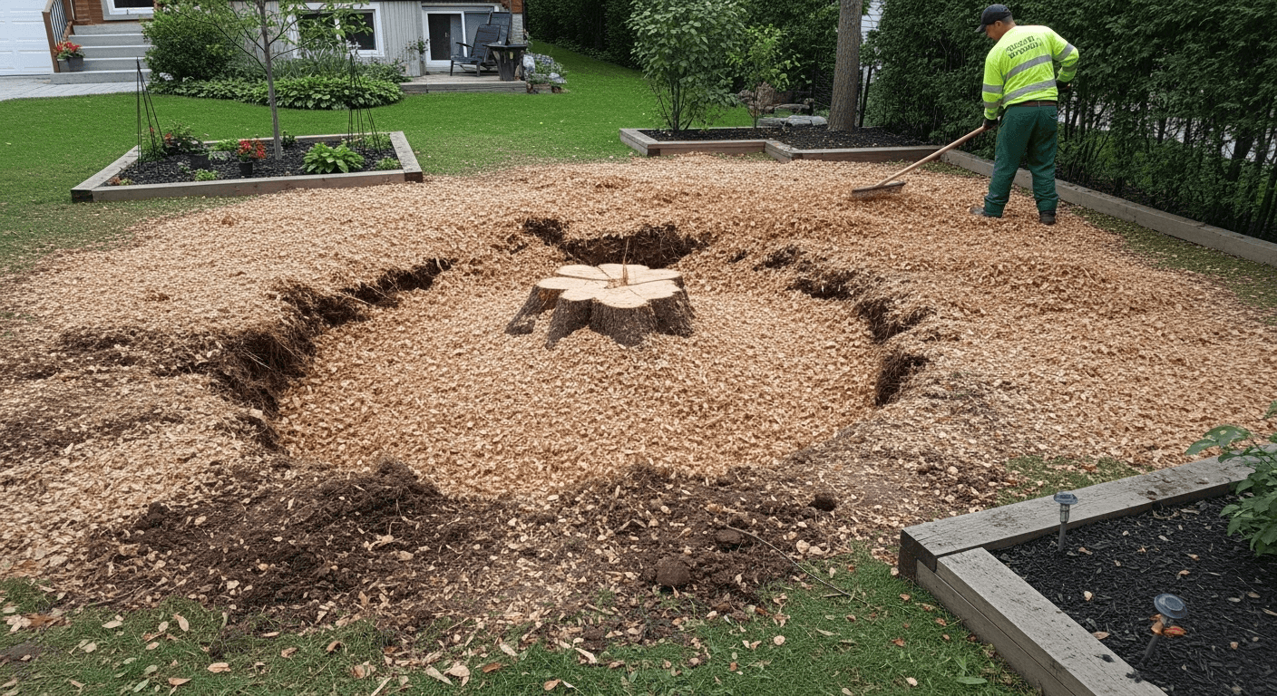 Freshly ground stump below grade with wood chip debris spread at a Toronto residential property ready for lawn restoration