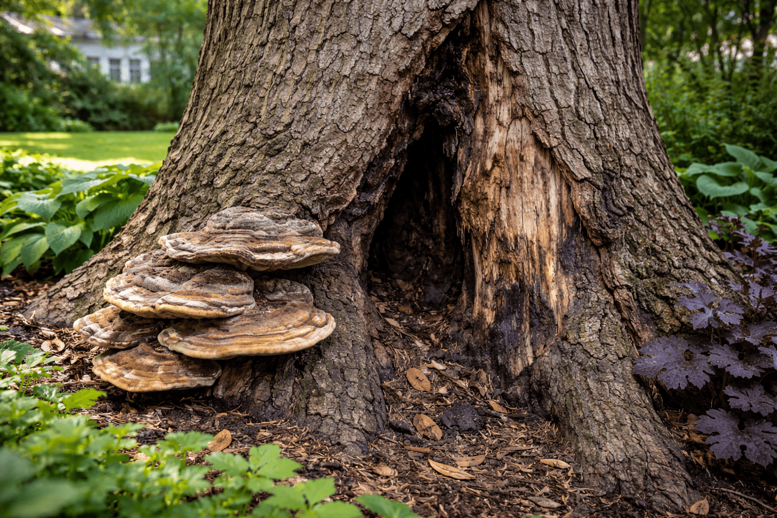 Close-up of a large tree trunk in Toronto showing visible signs of internal decay including fungal growth at the base and a visible trunk cavity