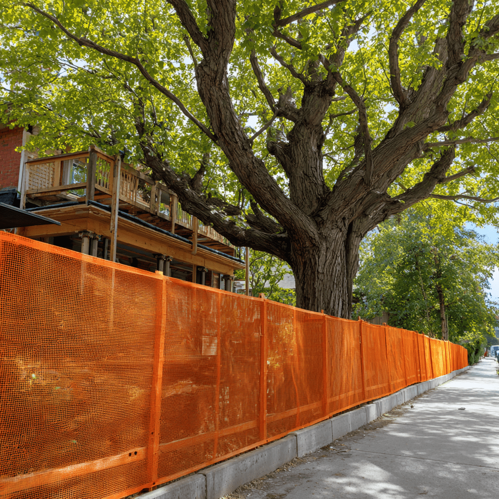 Protected area around a retained tree during home addition construction at a Toronto residential property