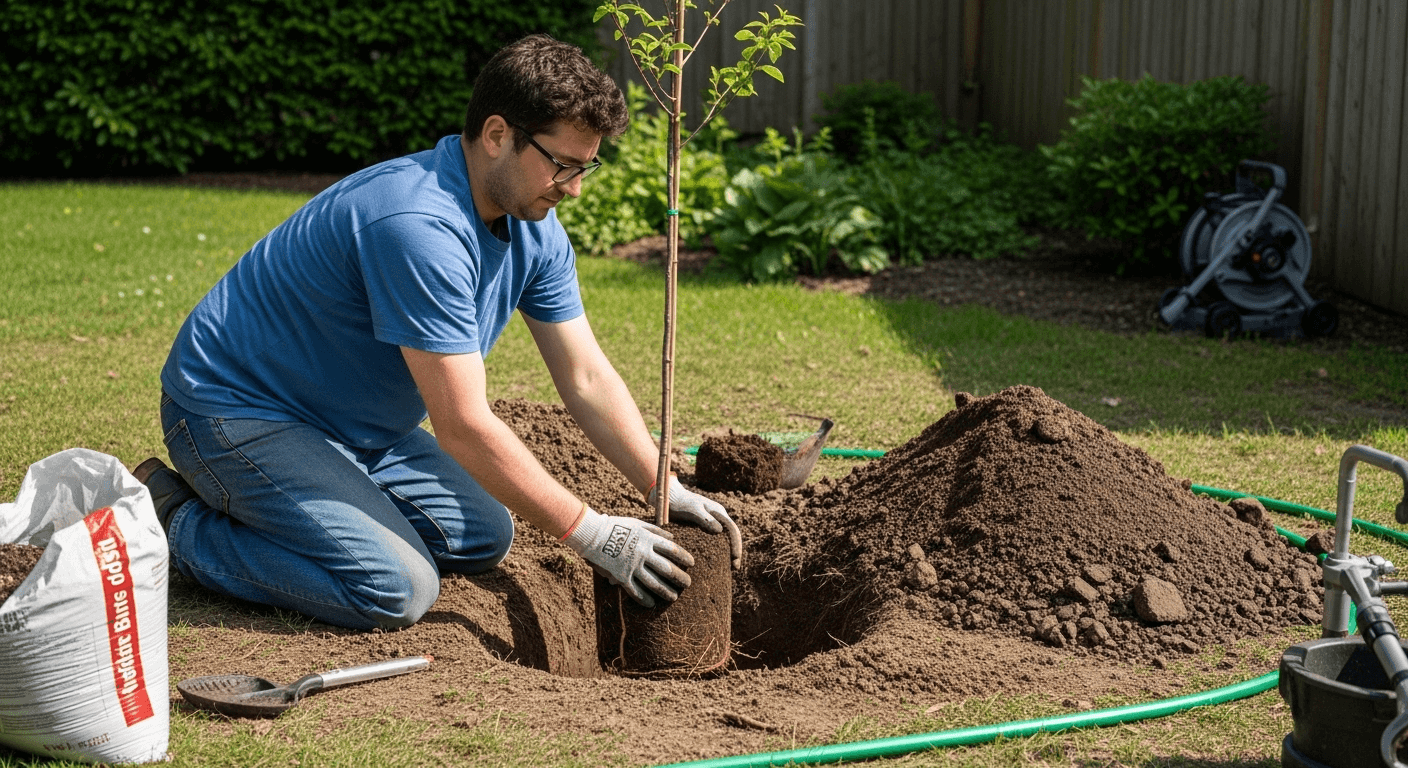 Homeowner planting a young replacement tree in a Toronto residential backyard as part of a tree removal permit condition